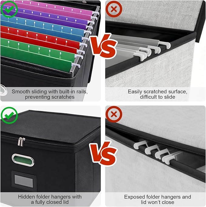 8 Pack File Organizer Boxes with Lids, Collapsible Document Storage Bin with Mesh Pockets & Zipper, Fits Letter/Legal Size Folders for Home Office Classroom Organization (Black, No Folders)