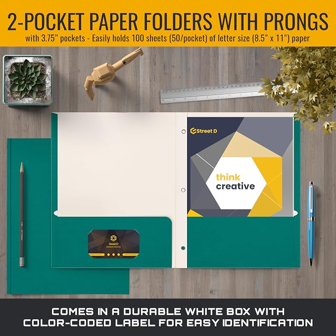 Better Office Products Teal Paper 2 Pocket Folders with Prongs, 50 Pack, Matte Texture, Letter Size Paper Folders, 50 Pack, with 3 Metal Prong Fastener Clips, Teal