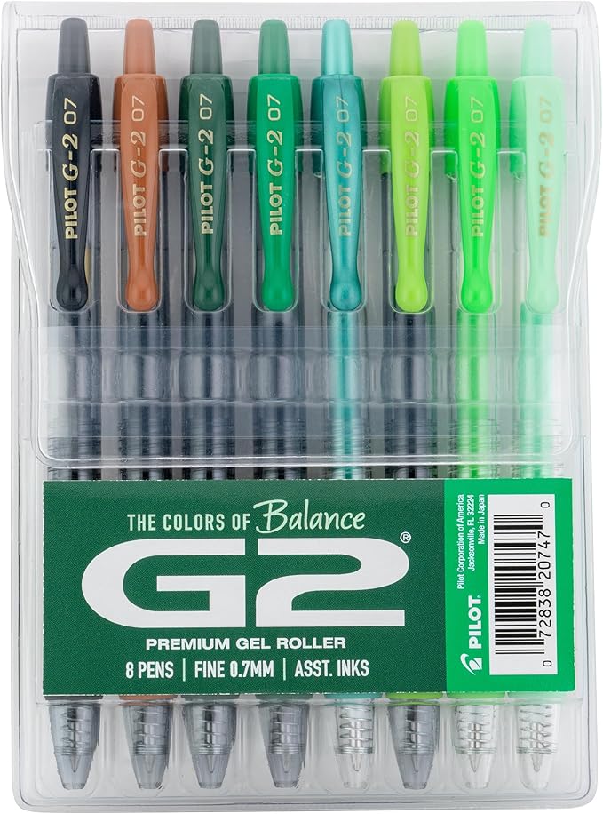 Pilot G2 Premium Gel Roller Pens, G2 Boost Green Pens Pack, The Colors of Balance, 8 Pack Pouch, Fine Point 0.7 mm, Assorted