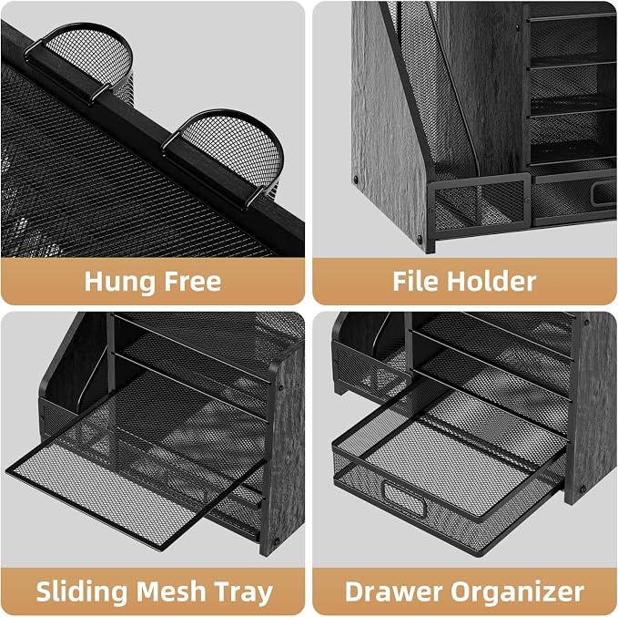 Marbrasse Desk Organizer with File Holder, 5-Tier Paper Letter Tray Organizer with Drawer and 2 Pen Holder, Mesh Desktop Organizer and Storage with Magazine Holder for Office Supplies (Wood-Black)