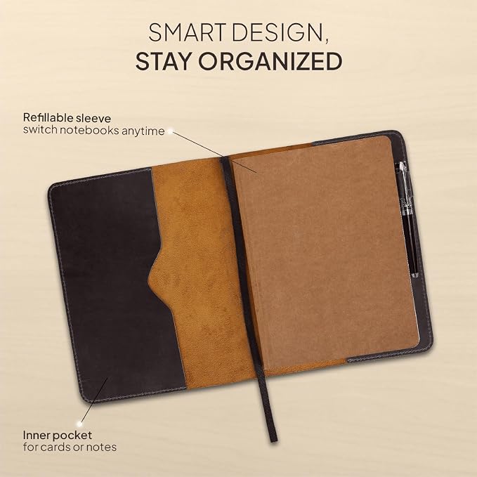 Brown XL Leather Journal Cover 7.5 x 9.5 – Refillable Genuine Leather Notebook Cover for Composition Notebook, Planner & Diary – Handmade Protective Travel Writing Case
