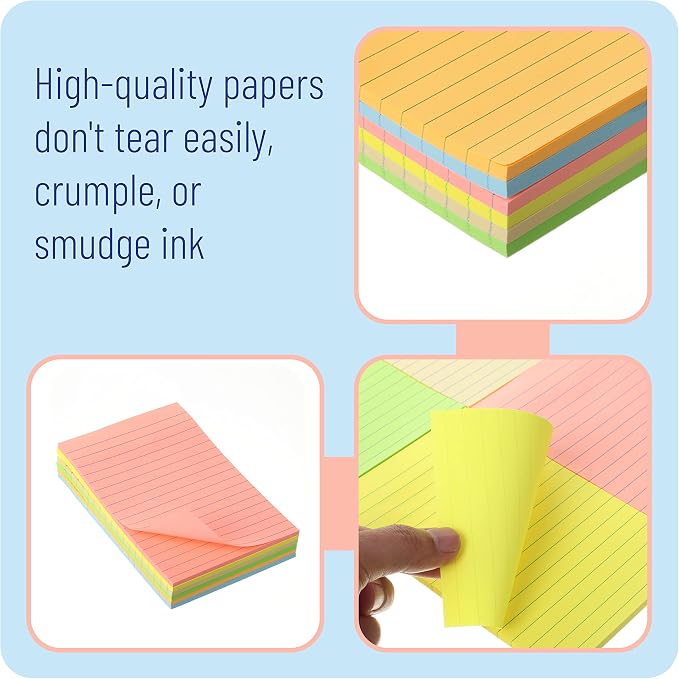 Mr. Pen- Lined Sticky Notes, 4" x 6", 6 Pads, 45 Sheets/Pad | Sticky Notes with Lines, Ruled Post Stickies, Memo Pads, Self-Stick Note Pad for Office, School, Home, Study & Organization