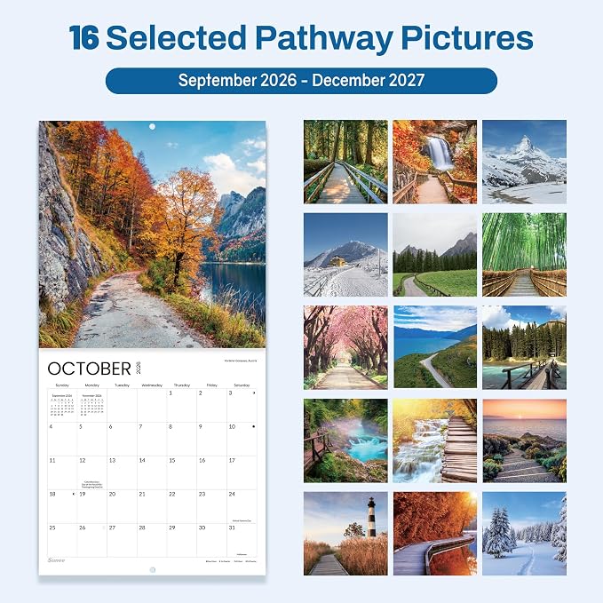 SUNEE Calendar 2026-2027 for Wall, 2027 Large Wall calendar 12x12 Inches with 16 Months from September 2026 to December 2027, Thick Glossy Paper, 12" x 24" (Open), Pathway