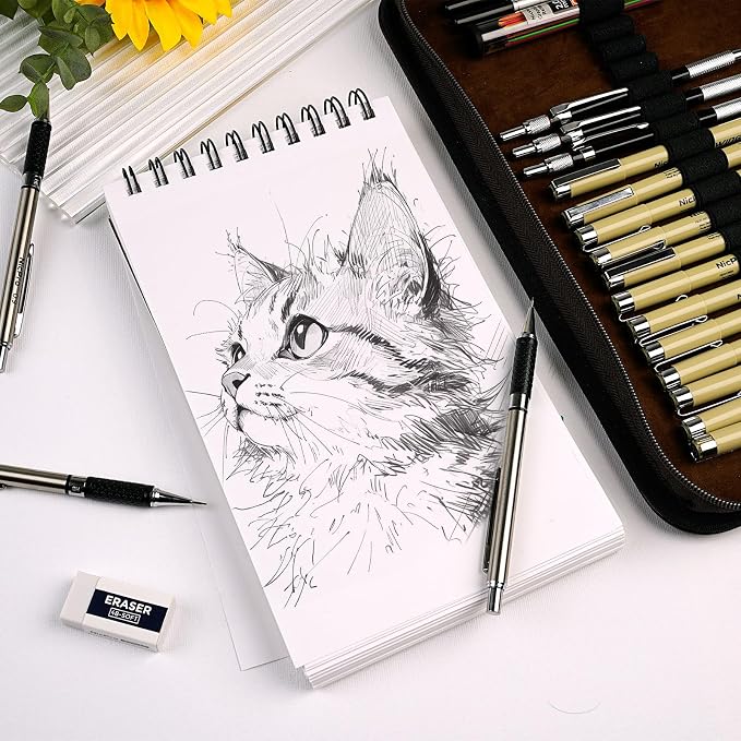 Nicpro 58 PCS Art Drawing Supplies Kit in Leather Case, Art Mechanical Pencil Set with Metal Drafting Pencil 0.3 & 0.5 & 0.7 & 0.9 & 2mm, 12 Micron Pen, Sketch Book, 30 Tube Lead Refills for Sketching