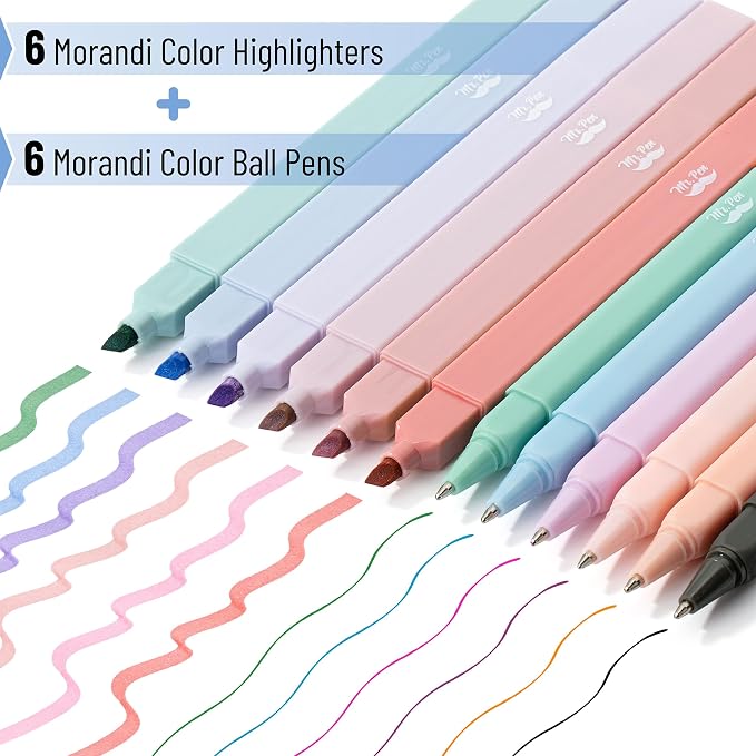 Mr. Pen- Aesthetic Highlighters and Ballpoint Pens No Bleed, 12 Pack | Morandi Colors, Bible Highlighters and Pens No Bleed, Fast Dry and No Smear for Bible Journaling, Planner, School Supplies