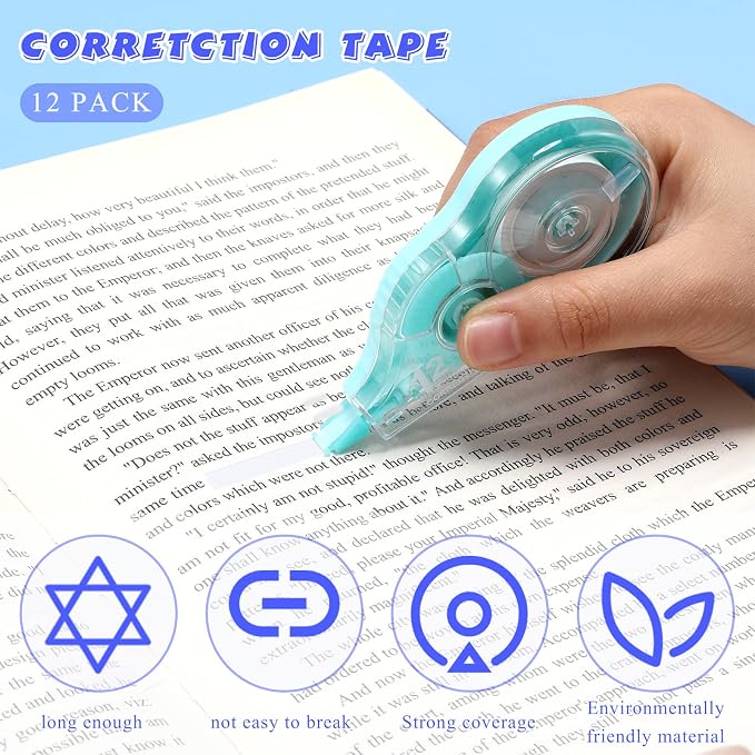Yexiya 12 Pcs Correction Tape Eraser 0.2 Inch x 39.4 Feet White Tape Original Correction Wide Eraser Easy to Use Applicator for Back to School Supplies Student Study Supply(Rainbow Color)