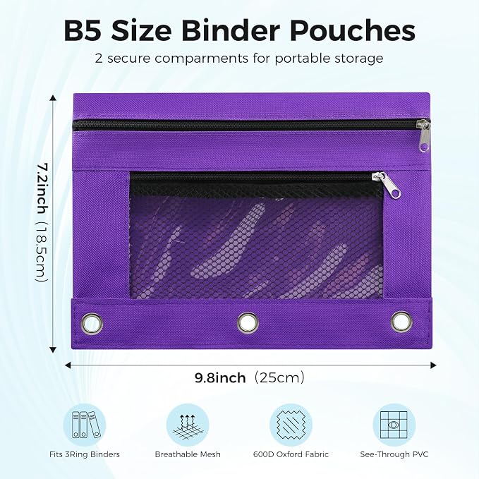 Pencil Pouch for 3 Ring Binder, Pencil Case Bag with Zipper, 600D Fabric Pencil Pouch Holder Accessories, Clear Window Pencil Case Aesthetic Back to School Organizer Pockets for Boy Girl (Purple)