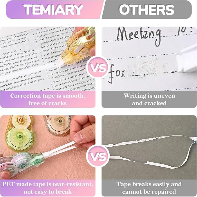 Temiary 6 Pcs Correction Tapes for Instant Corrections, Easy To Use White Smooth Pull Out Tape, Aesthetic Tape for School Office (Gradient)