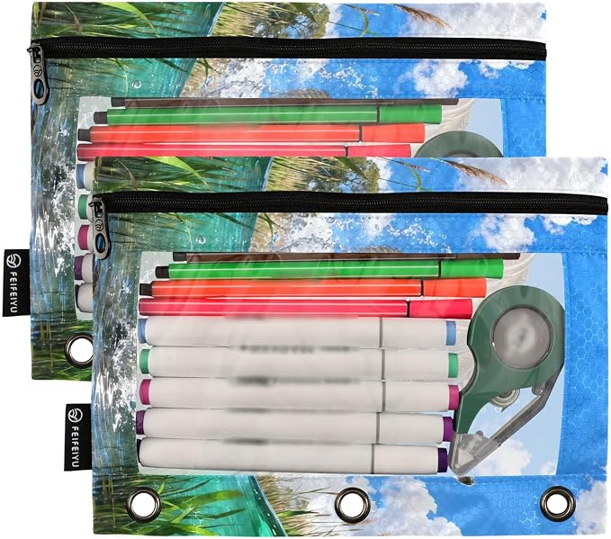 Largemouth Bass Fish Pencil Pouches for 3 Ring Binder, Zipper Binder Pencil Case, 2 Pack Clear Window Case Bag for Office Organizers