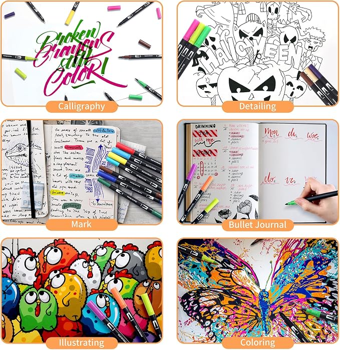 Peablce Art Markers Brush Pen Markers for Adult Coloring 32 Colored Pens | Fine Point Highlighter Pen & Brush Markres for Journaling Note Taking Planner