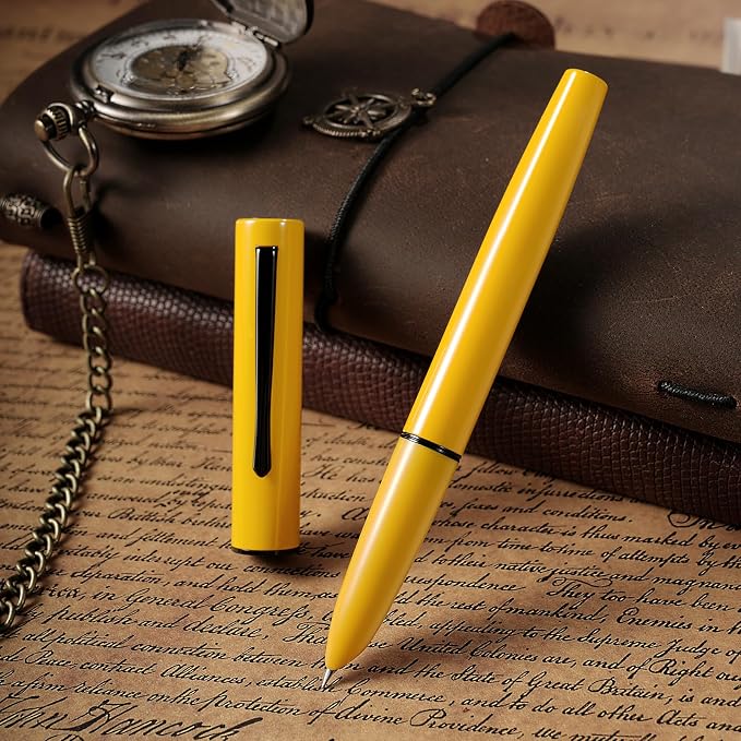 HONG DIAN C1 Fountain Pen Fine Nib, Lemon Yellow & Classic Retro Design Metal Pen with Ink Converter