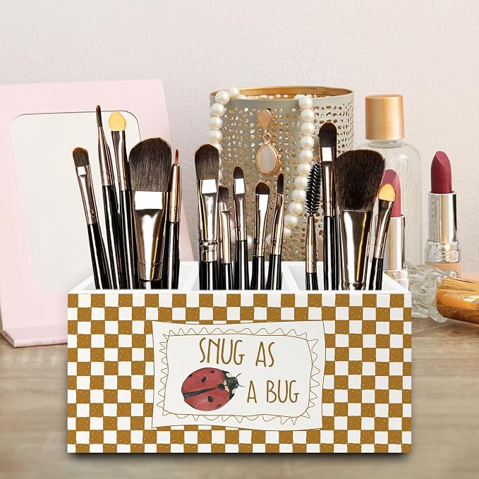 Ladybug Decor Pen Pencil Holder Organizer for Desk, Snug as a Bug Insect Orange Checkered Wooden Box Signs Decorations for Kids Boys Girls Room Bedroom Classroom Desk Tabletop, Ladybug Gifts