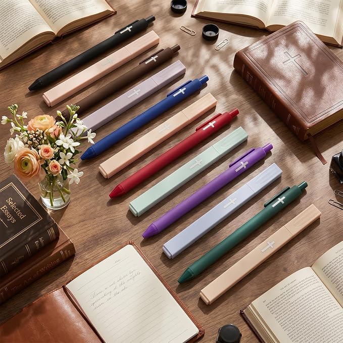 12 Pcs Cross Gel Pens and Highlighters Set 6 Gel Pens 0.5mm 6 No Bleed Highlighters Bible Study Pen and Highlighter for Journaling Church Supplies Christian Stationery (Black,Pastel)