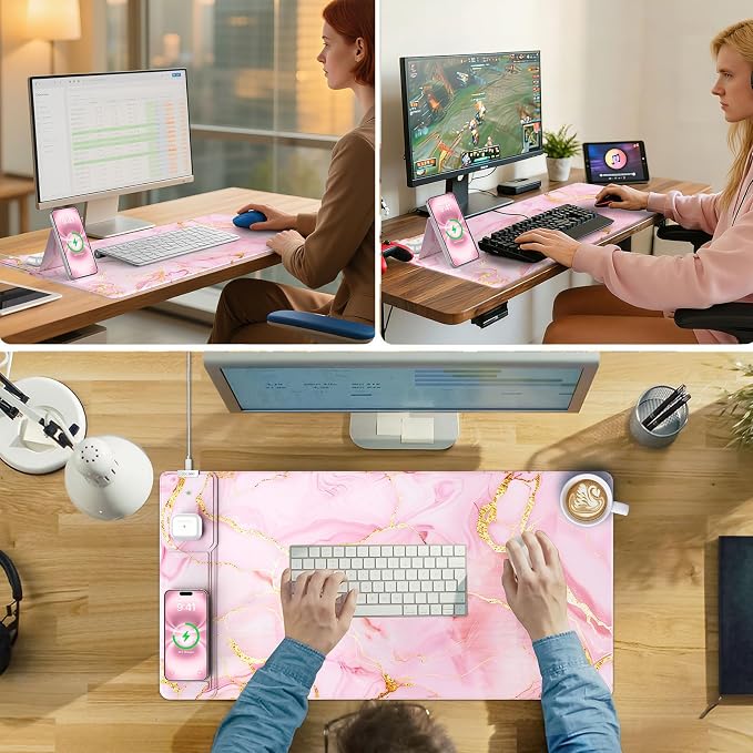 Wireless Charging Mouse Pad with Foldable Phone Holder, Pink Marble | 31.5"x15.8" Large Desk Mat for Laptop/Keyboard, Waterproof Ultra-Smooth Surface, Non-Slip Base