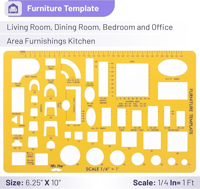 Mr. Pen- House Plan, 3 pcs, Interior Design and Furniture Templates | Clear Flexible Plastic, Drafting Tools, Ruler Shapes for Architecture, 1/4 Inch Scale, Kitchen, Bath, Bedroom, Office