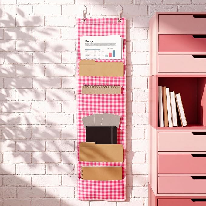 Motimind Pink Plaid 10 Pockets Wall Hanging File Folders File Storage Pocket Chart for Classroom Hanging Wall Organizer with 2 Over The Door Hangers, 58" x 14" for School Classroom Office Home