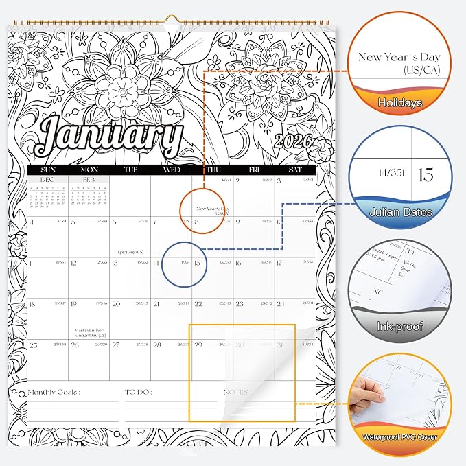 Ospelelf Large Spiral Wall Calendar 2026-2027, 22'' x 17'' Monthly Coloring Calendar, 18 Month Painting Calendar for Family, Kids, Use Jan 2026 - June 2027, Floral