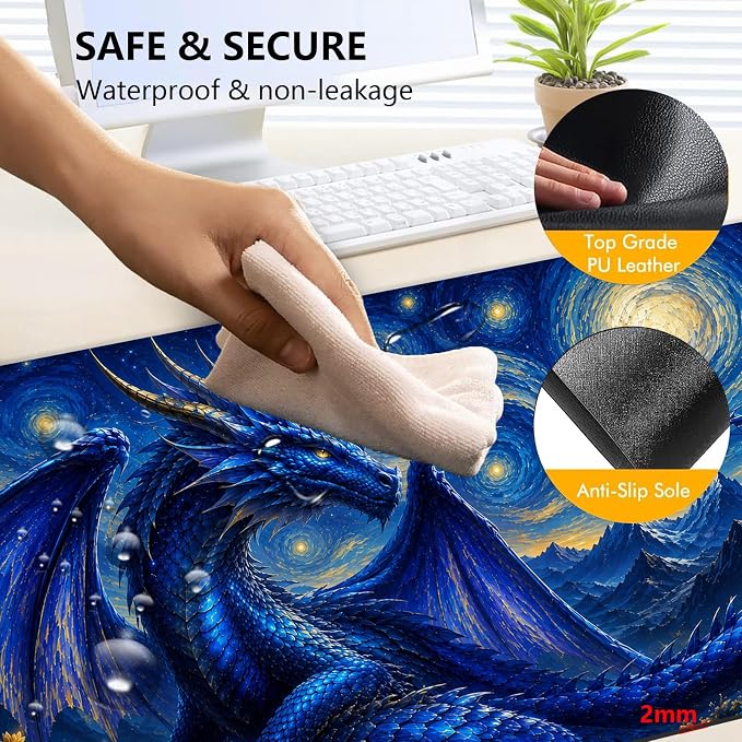 Large Heated Mouse Pad–23.6" x 14.2" Desk Mat for Office | 3 Adjustable Heat Levels,Auto Shut-Off After 3 Hours for Safety,Keeps Hands Warm While Working，Blue Dragon Starry Sky