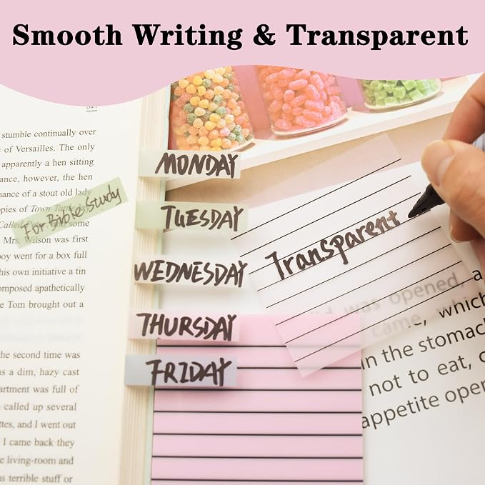 YOUDEFUL 800Pcs Transparent Sticky Notes, Pink Clear Sticky Notes with Lined, 3"x3" Waterproof Translucent Sticky Note Pads, Index Tabs, Clear Post it Notes for Bible Study, See Through Sticky Notes