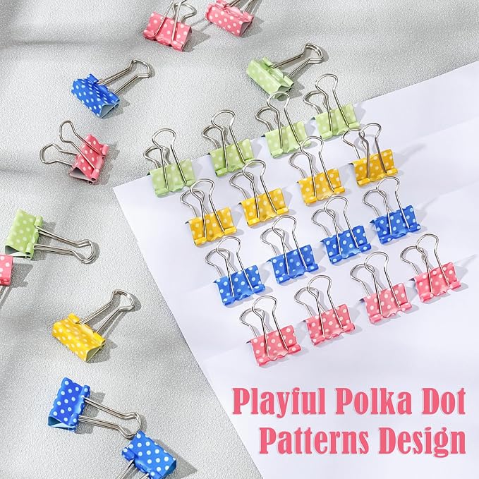 BAYTORY 32Pcs Polka Dot Binder Clips, 3/4 Inch (19 mm) Small Binder Clips | Colored Paper Clamps, Paper Clip for School Teachers Office Supplies (Yellow, Green, Blue, Pink)