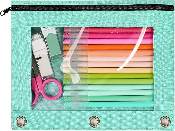 Forvencer Pencil Pouch for 3 Ring Binder, Large Pencil Case Pouch with 3 Reinforced Grommets, Pen Bag, Clear Window Pencil Case, Binder Accessories, Mint Green