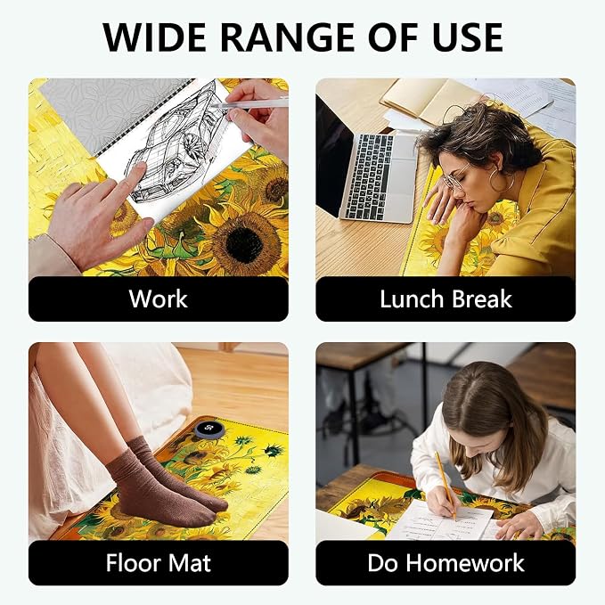 Heated Mouse Pad with 3 Levels Heated & 3 Hours Auto Shut-Off Mouse Pad for Warming Hands in Office Home, 23.6" x 14.2"Large Safe Desk Mat Hand Warmer，Sunflowers