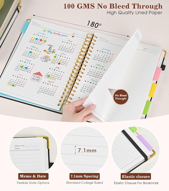 Hardcover Large Spiral Notebook journal with Removable Dividers Tabs, 300 pages Leather 5 Subject Notebook College Ruled, 8" x 10"Journal for Women Men, Notebooks for Work School Note taking,B5 Black