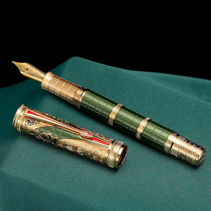 Hongdian D5X Fountain Pen Green Medium Nib, Qin Dynasty Retro Chinese Totem Engraving Smooth Writing Pen with Converter and Pen Box Set