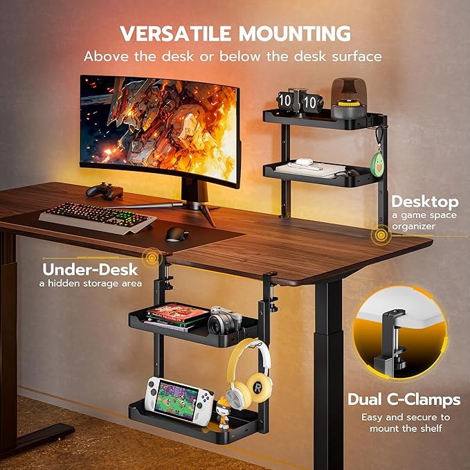 ARES WING 2-Tier 16 inch Clamp On Desk Shelf, Above or Under Desk Storage | Adjustable Desktop Organizer Shlef Holds 66 lbs Heavy Duty, with Headphone Holder for Working and Gaming Accessories, Black