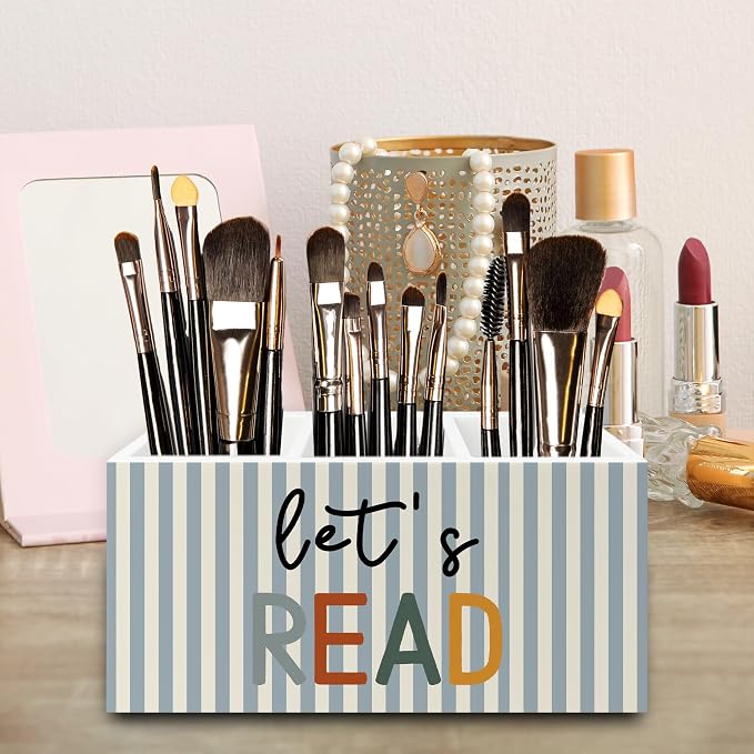 Reading Room Decor Pen Pencil Holder Organizer for Desk, Let's Read Boho Classroom Wooden Box Signs Decorations for Reading Corner Nook Room Library Desk Tabletop, Book Lover Reader Gifts
