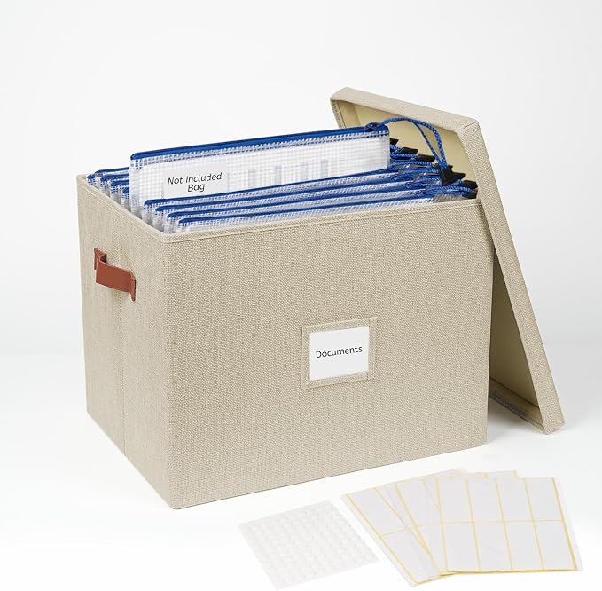 Collapsible File Storage Box with Lid, Beige | Office files & board games | Includes labels & glue dots | Fits A4/B4 papers | Faux leather handles & label window