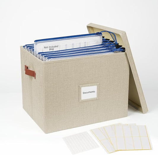 Collapsible File Storage Box with Lid, Beige | Office files & board games | Includes labels & glue dots | Fits A4/B4 papers | Faux leather handles & label window