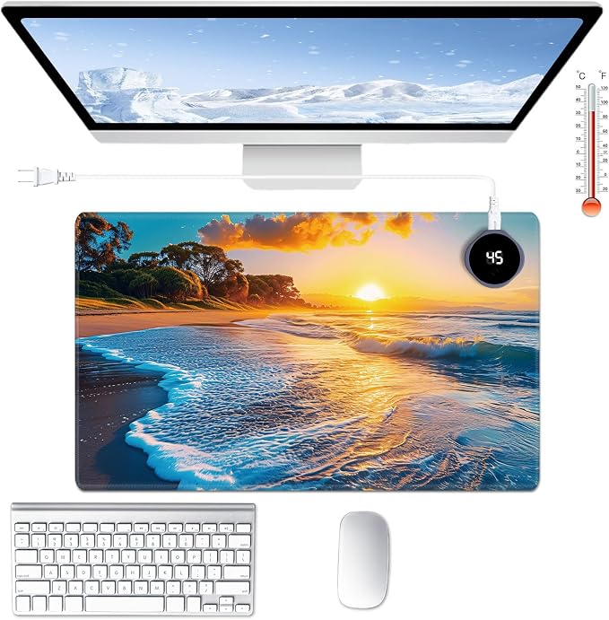 Heated Desk Pad Large Mouse Pad 23.6 x 14.1 inch with 3 Levels Heating & Auto Shut-Off Warm Mouse pad PU Leather Computer Mousepad for Home Office Work - Sunrise Beach