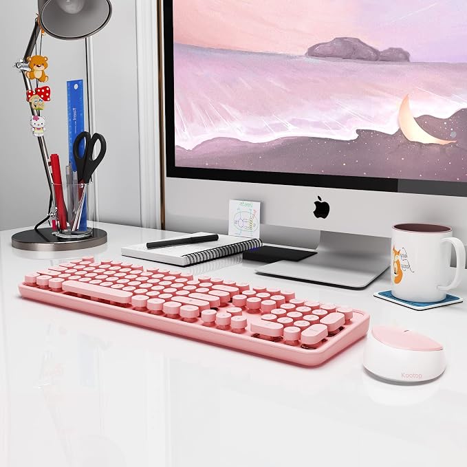 Kootop Cute Wireless Keyboard and Mouse Combo for PC Laptop Desktop Pink | Cute pink Colorful Typewriter Retro Round Keycaps 104 keys for PC Laptop,Desktop,Windows,