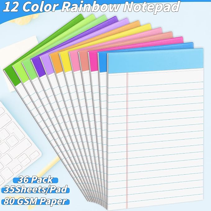 36 Pack Legal Pads 5 x 8 Inch Rainbow Notepads Wide Ruled Writing Pads | Wide Ruled Perforated Writing Pads for Office, School & Daily Notes; Colorful Memo Paper for Lists, Planning and Organization