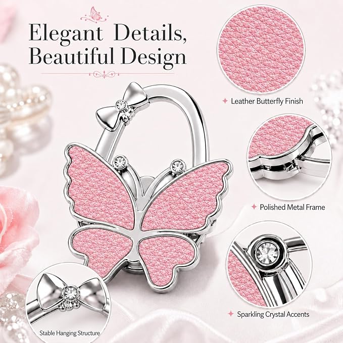Purse Hook for Table, Foldable Handbag Hanger Holder for Women | Portable Bag Holder with Non-Slip Base, Cute Lychee Pink Butterfly Purse Table Hook for Restaurant Office Travel Gift