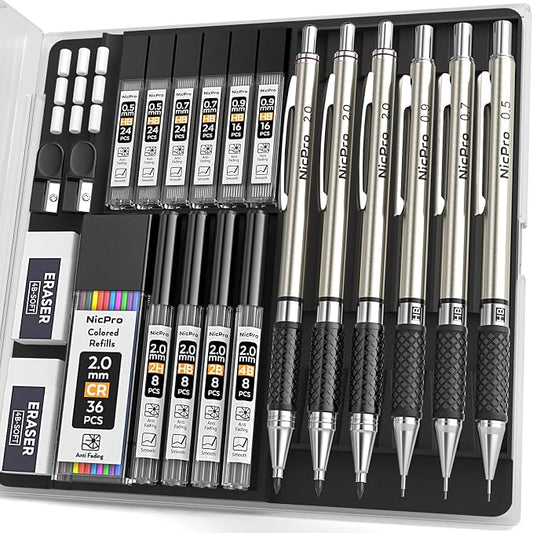 Nicpro Art Mechanical Pencil Set in Storage Case, Metal Drawing Pencil 6PCS | 0.5-2.0 mm Led Pencil + (4B 2B HB 2H Colors) Pencil Lead Refill, Comfort Grip for School Writing, Artist Drawing Sketching