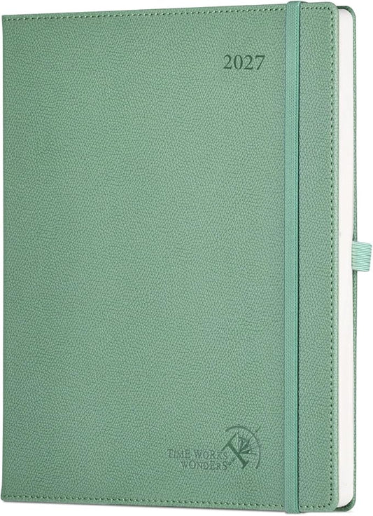 POPRUN 2027 Planner (Large 8.5"x 10.5"), Weekly and Monthly Planner | Daily Calendar Book Jan.2027 - Dec.2027, Appointment Book with Monthly Tabs, Leather Hardcover, Inner Pocket - Army Green