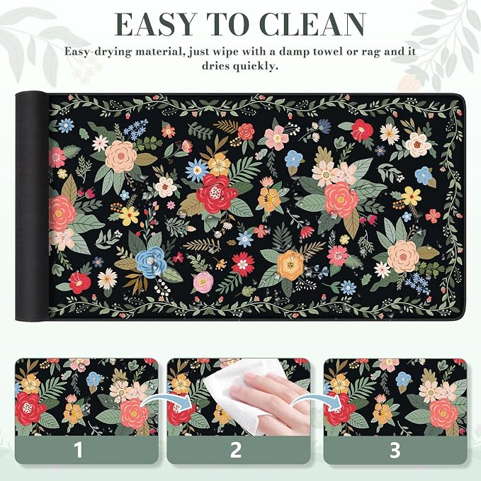 iCasso Floral Desk Mat for Keyboard and Mouse,Cute Gaming Mouse Pad XXL,Anti-Slip Desk Matt for Desktop,Soft Lycra Surface Computer Mat Women,Girly Big Mousepad for Home Office (Black Floral)