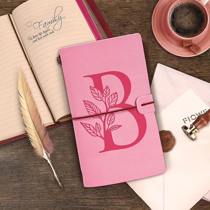Personalized Journal Gift-Pink Initial Leather Journal+Heart Diamond Pen Set,Travel Notebook Diary Gifts,Refillable Notepads,Christmas,Birthday Gifts for Women Girls (7.9"x4.7") (B)