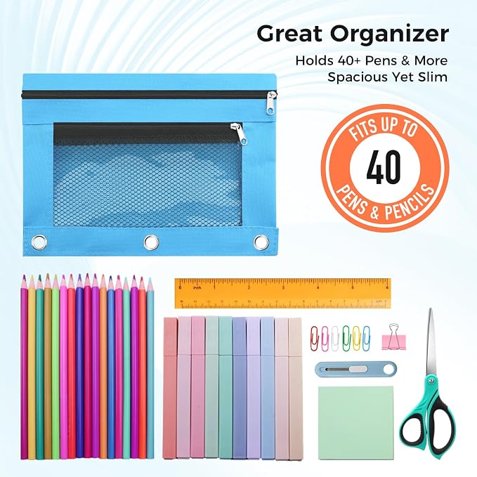 Pencil Pouch for 3 Ring Binder, Pencil Case Bag with Zipper, 600D Fabric Pencil Pouch Holder Accessories, Clear Window Pencil Case Aesthetic Back to School Organizer Pockets for Boy Girl (Sky Blue)