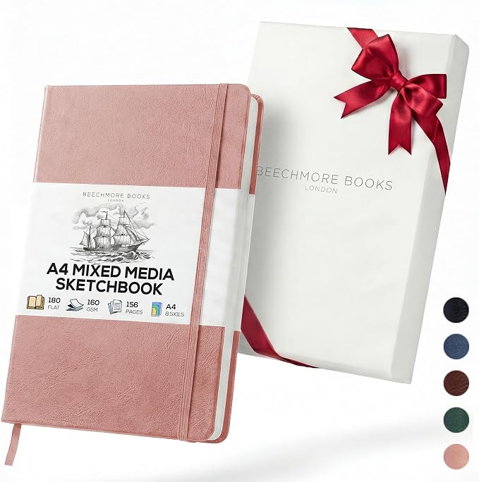 Beechmore Books A4 Mixed Media Sketchbook - 8.5"x11" Hardcover Lay-Flat Art Journal, 160 GSM / 98 lb Professional Ivory Paper, 156 Perforated Pages, Gift Box, Ink, Drawing and Light Watercolor