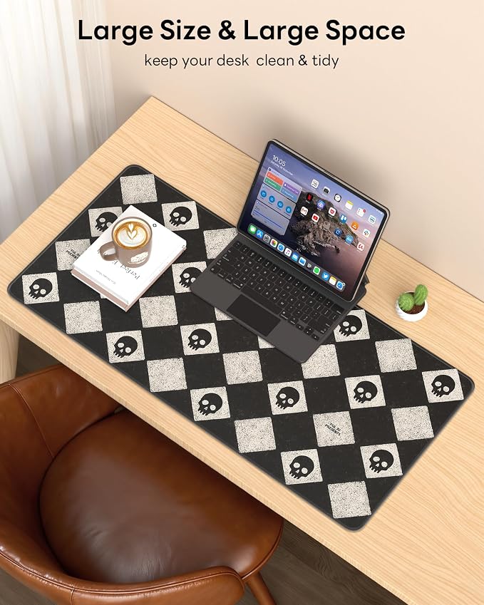 XL Gaming Mouse Pad, 31.5x15.7'' Large Desk Mat with Anti-Slip Rubber Base & Stitched Edges for Gaming, Office, Home, Cute Skulls