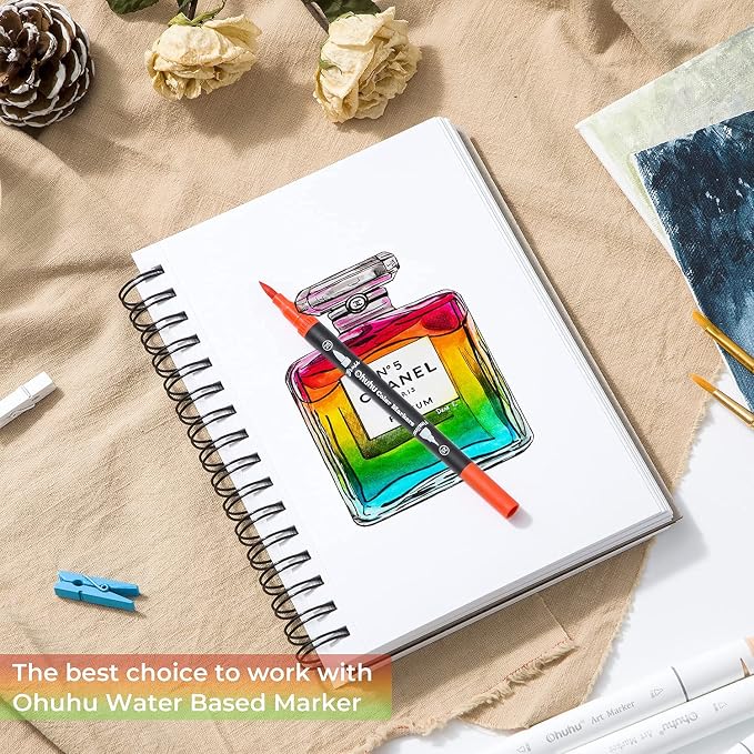 Ohuhu Mix Media Pad, 5.5" x 8.5" Mixed Media Art Sketchbook, 120 LB/200 GSM Heavyweight Papers, 62 Sheets/124 Pages, Spiral Bound Mixed Media Paper Pad for Acrylic, Painting Christmas Gift