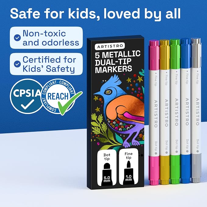 ARTISTRO 5 Metallic Dual-Tip Acrylic Paint Markers – Paint Pens Set with Dot & Fine Tips for Fabric, Rock, Glass, Wood, Coloring Books – Arts & Crafts Gift – Classroom Must Haves & School Supplies