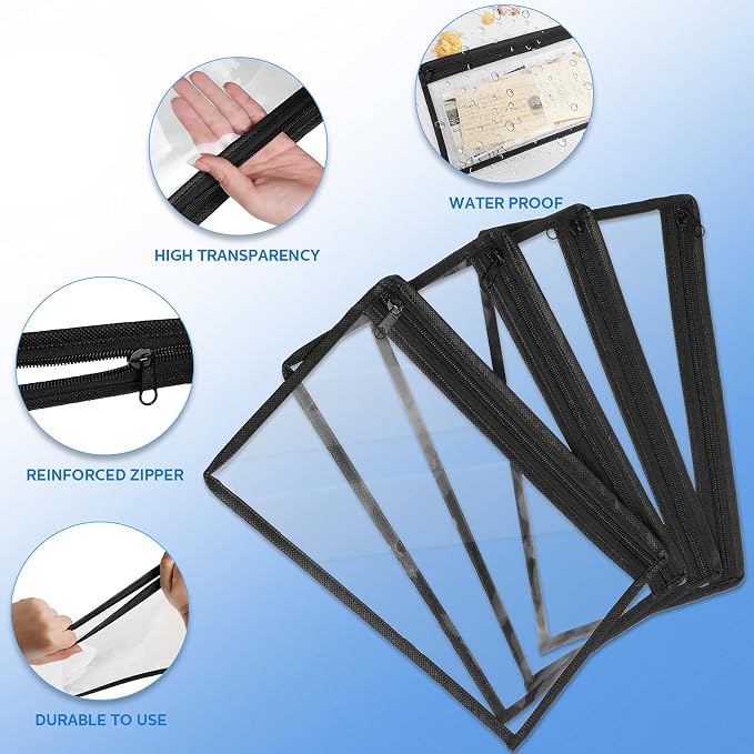 Outus 8 Pcs Clear Zipper Pouches Pencil Pouches PVC Makeup Pouch Envelopes Folder Storage Multi Purpose Pouch Document File Organization Bags, Office Supplies (Black Edging,11.5 x 7 Inches)