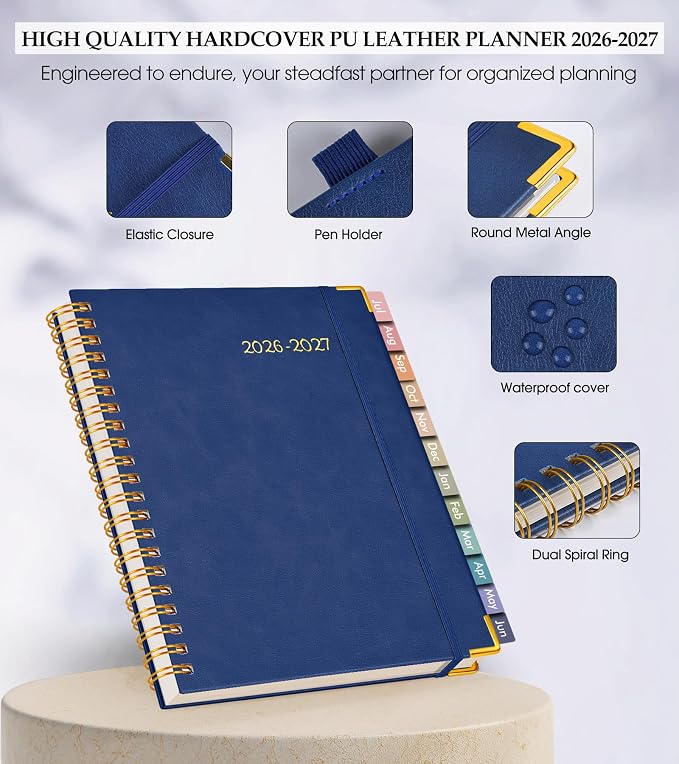 Academic Planner 2026-2027, Hardcover Leather Weekly and Monthly Calendar Planner from July 2026 - June 2027, A4 8.5" x 11" Daily Agenda with Tabs, College School Organizer for Student Teacher, Night Sky Blue
