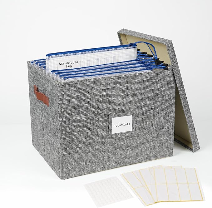 Collapsible Paper Storage Box with Lid, Grey | Office files & board games | Fits A4/B4 papers | Linen-look & dust-proof | Stackable | Includes labels & glue dots