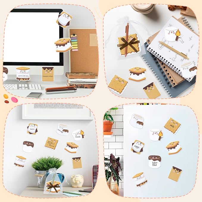 CJiangpo 24 Pack Marshmallow Sticky Note Pad with Pen Gift Set, Cute Self Stick Notepad Memo Pads Ballpoint Pens with Organza Bags, Funny Classroom Rewards Camping Themed Party Favor Gift for Kids