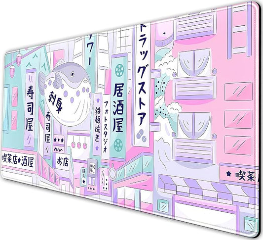 Pastel Tokyo Street Cute Desk Mat - Kawaii Anime Japanese Large Gaming Mousepad - Beige Desktop Laptop Keyboard Mouse Pad - City Aesthetics for Women Girl 31.5x15.75 in
